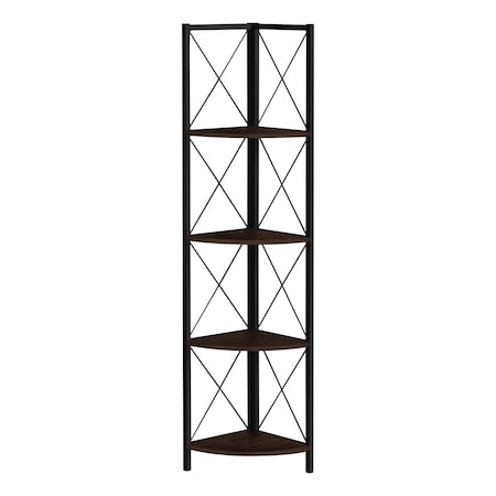 Monarch Specialties Bookshelf, Bookcase, Etagere, Corner, 4 Tier, 60"H, Office, Bedroom, Metal, Laminate, Brown, Black I 3645